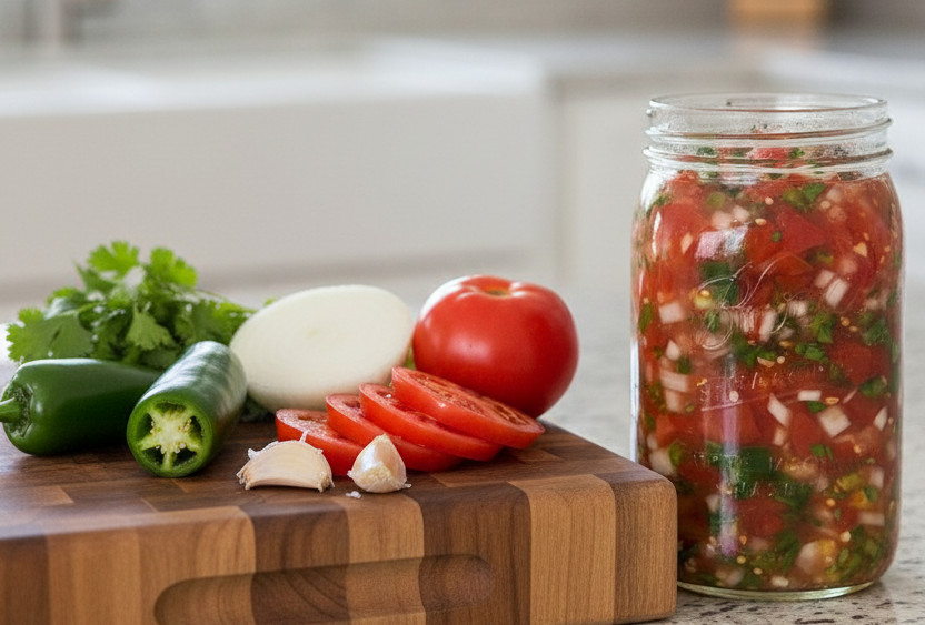 quart jar of fermented salsa next to a butcher block cutting board that's topped with tomato, onion, garlic, jalapenos, and cilantro