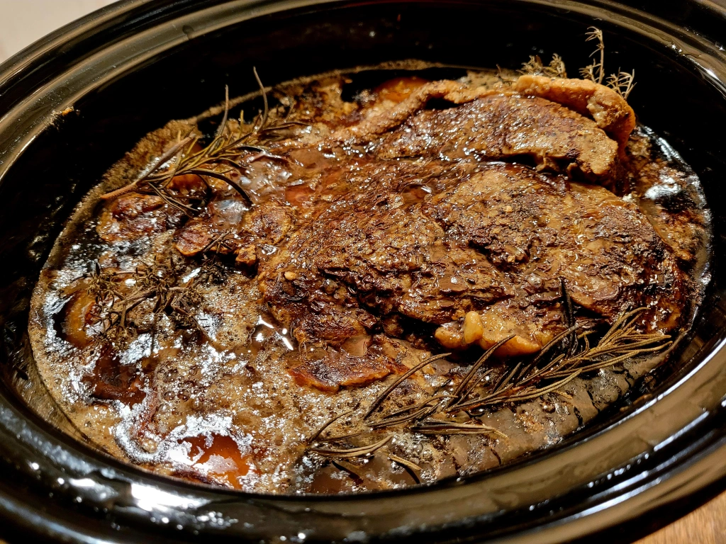 cooked roast in slow cooker half submerged in broth with rosemary