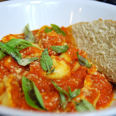Tomato Soup with Carrot, Leek, and Tortellini