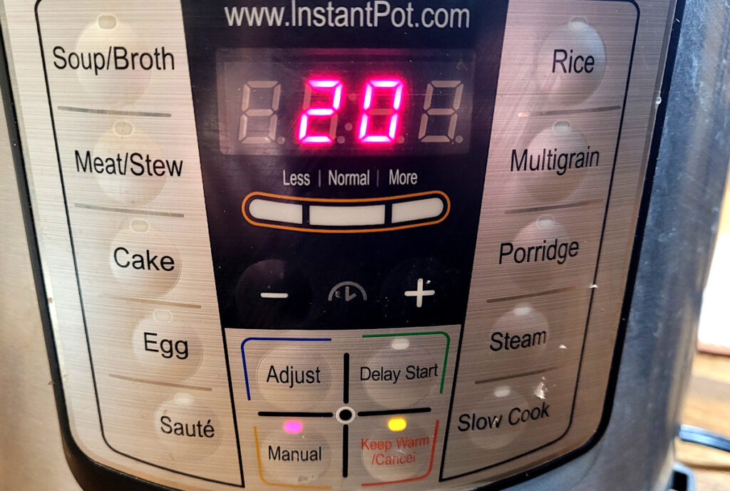 Front of Instant Pot with timer set to 20 minutes