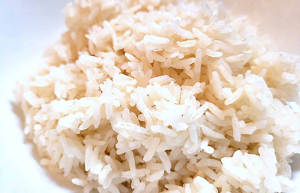 white long grain rice in a white bowl