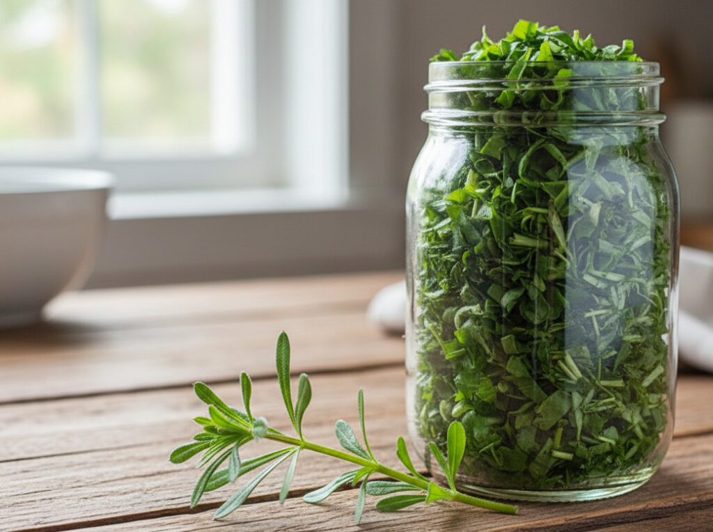a pint jar full of chopped up cleavers plant with one sprig of cleavers sitting next to it on a wooden table