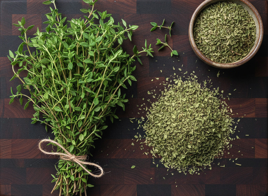 dried and fresh thyme on a dark wood surface