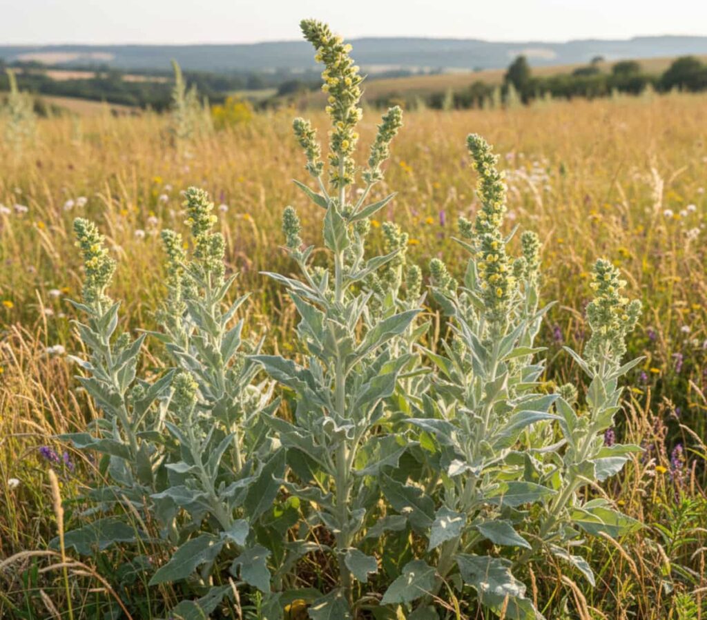 group of mullein plants in growing in a field