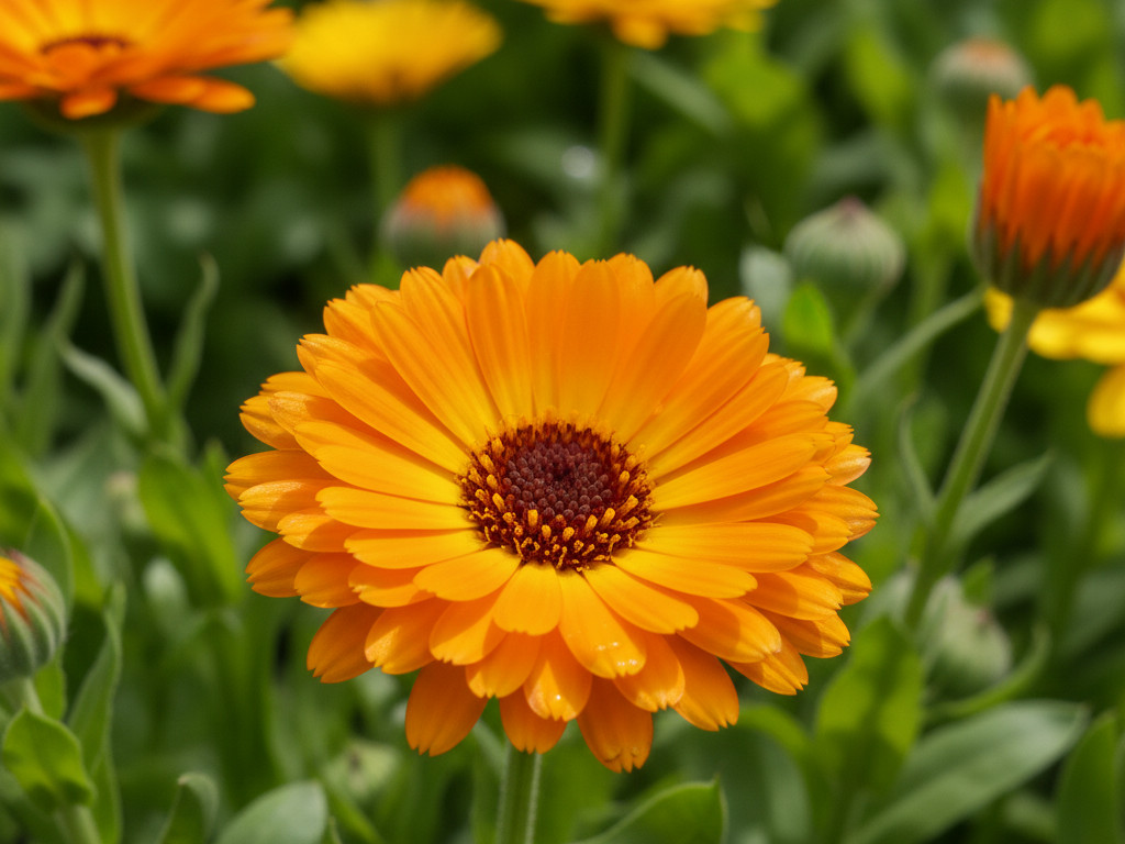 close up of an orange calendula flower