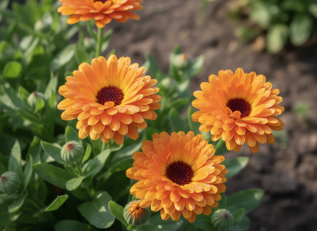group of 3 calendula flowers growing in the ground