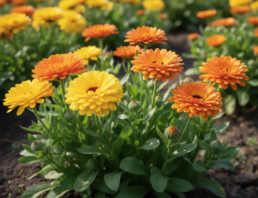 group of yellow and orange calendula growing in the ground