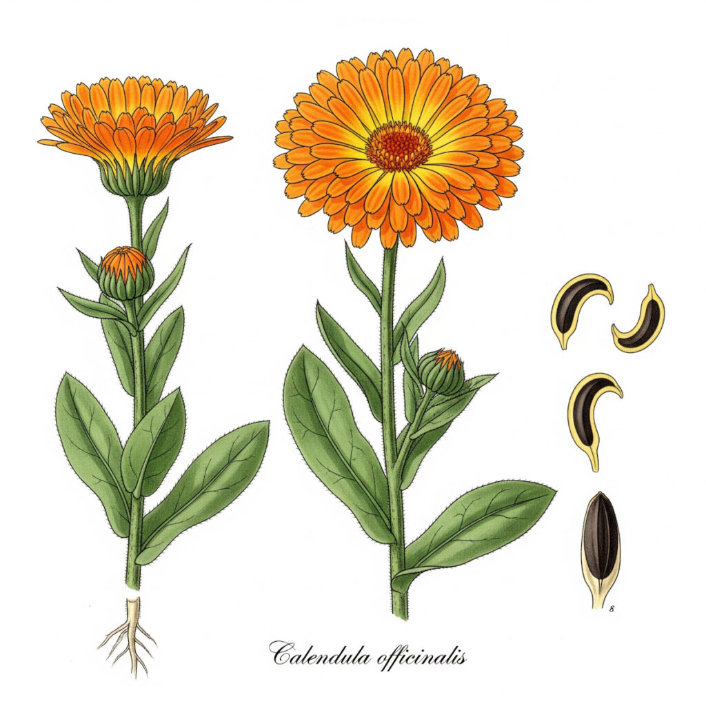 a botanical illustration showing all parts of the calendula plant that have health benefits plus the seeds.