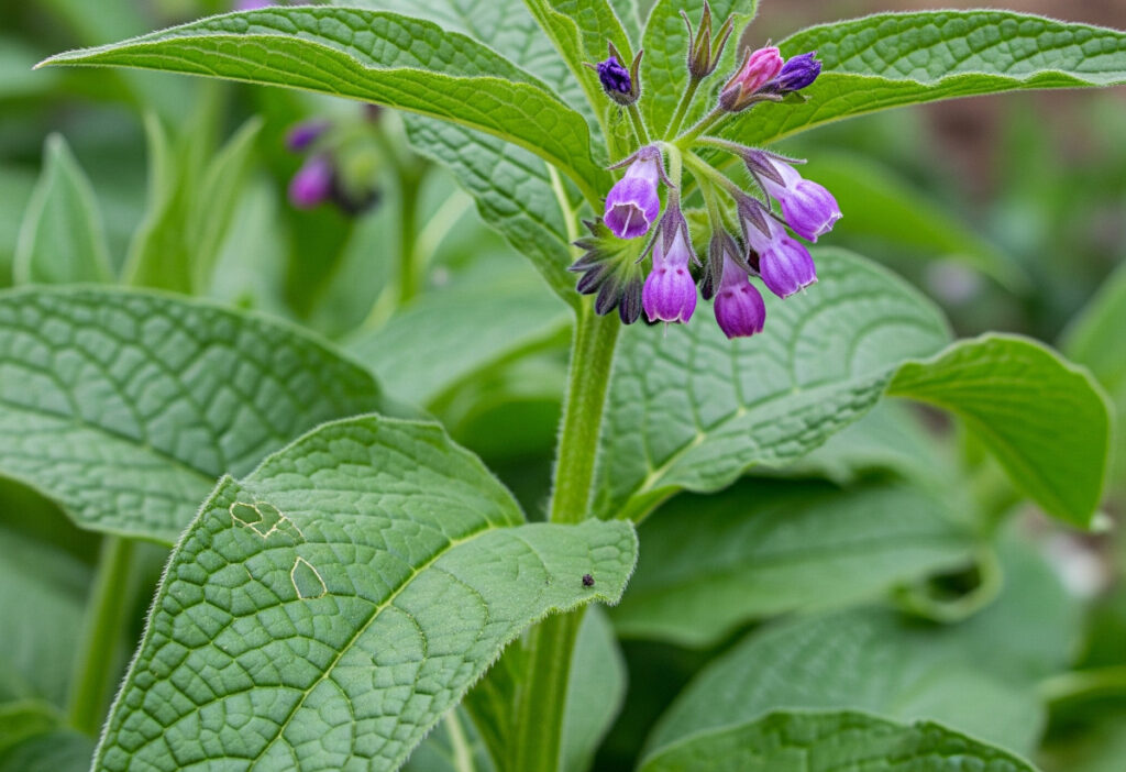 close up of comfrey plant with purple flowers