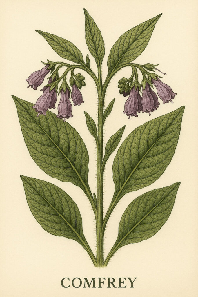 botanical illustration of comfrey in bloom on a cream background
