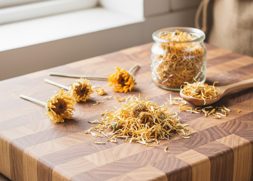 dried calendula on a butcher block cutting board for health boosting tea and oil infusions