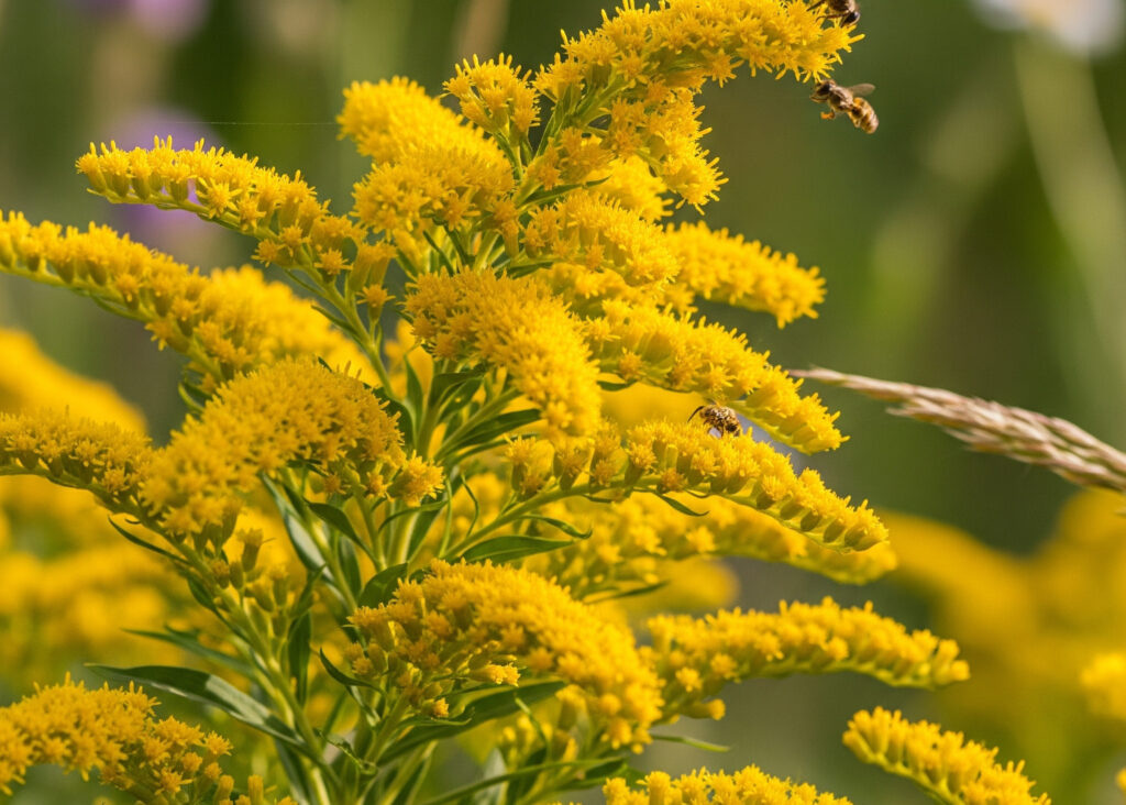 close up of goldenrod flowers with 2 bees on them