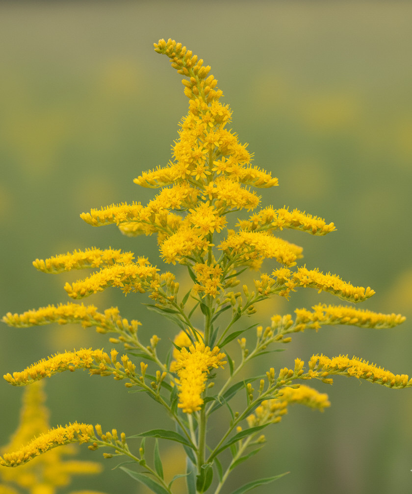 close up of one goldenrod plant in flower