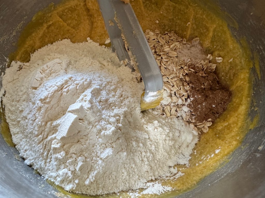 acorn squash batter with the dry ingredients before mixing in a stainless steel mixing bowl