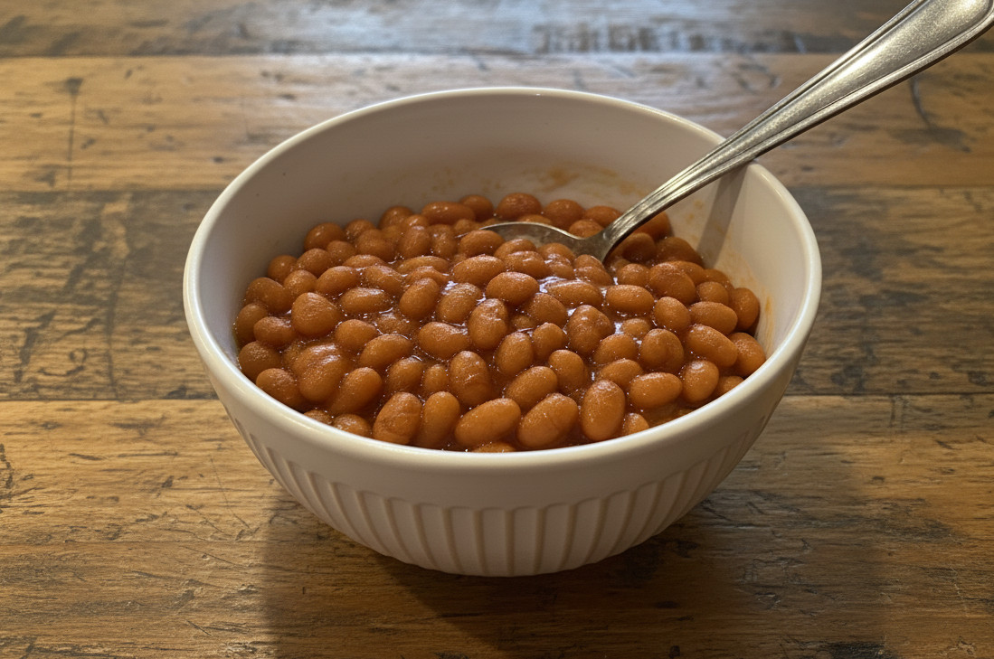 white bowl of baked beans on a wooden table