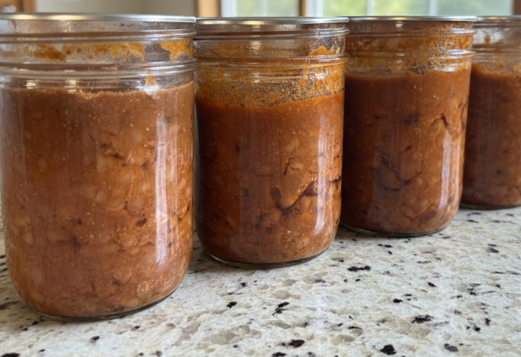 4 jars of baked beans on a granite countertop
