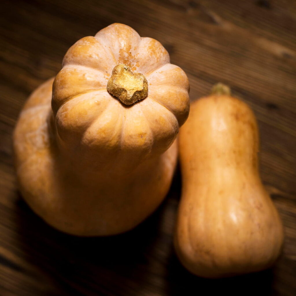 top view of two butternut squash on a wooden table