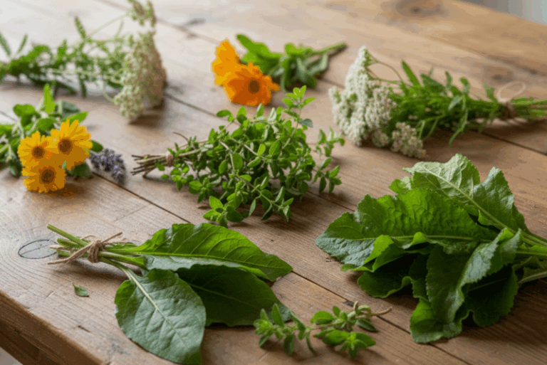 bunches of calendula, yarrow, comfrey, and oregano on a wooden table