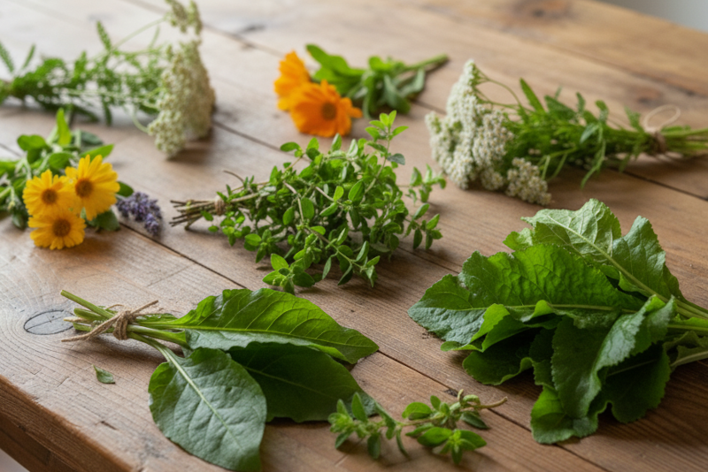 bunches of calendula, yarrow, comfrey, and oregano on a wooden table