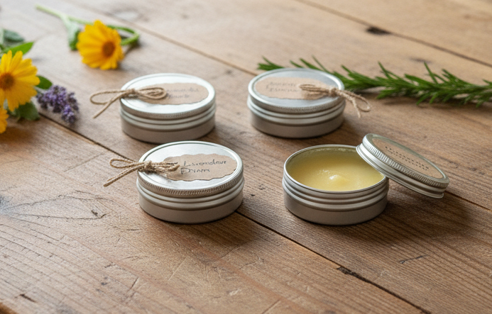 4 tins of salve sitting on a wooden table with a few calendula and a sprig of rosemary