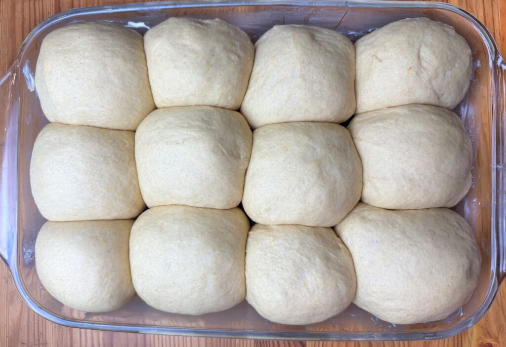proofed butternut squash dinner rolls in a 9x13 baking dish