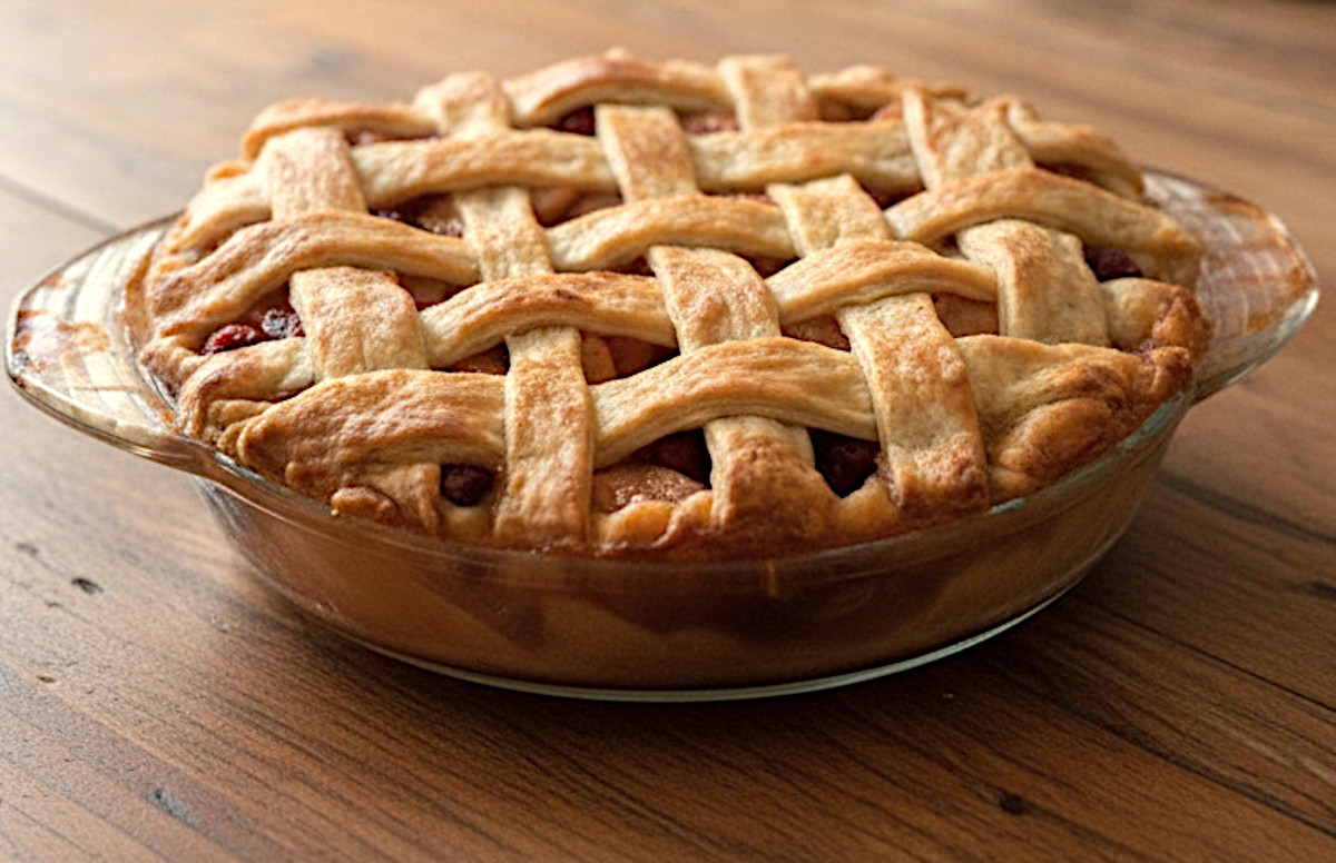 Apple Cranberry pie with a lattice top in a glass pie dish sitting on a wooden table