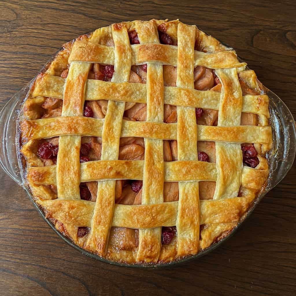 Apple cranberry pie with a lattice top on a wooden table