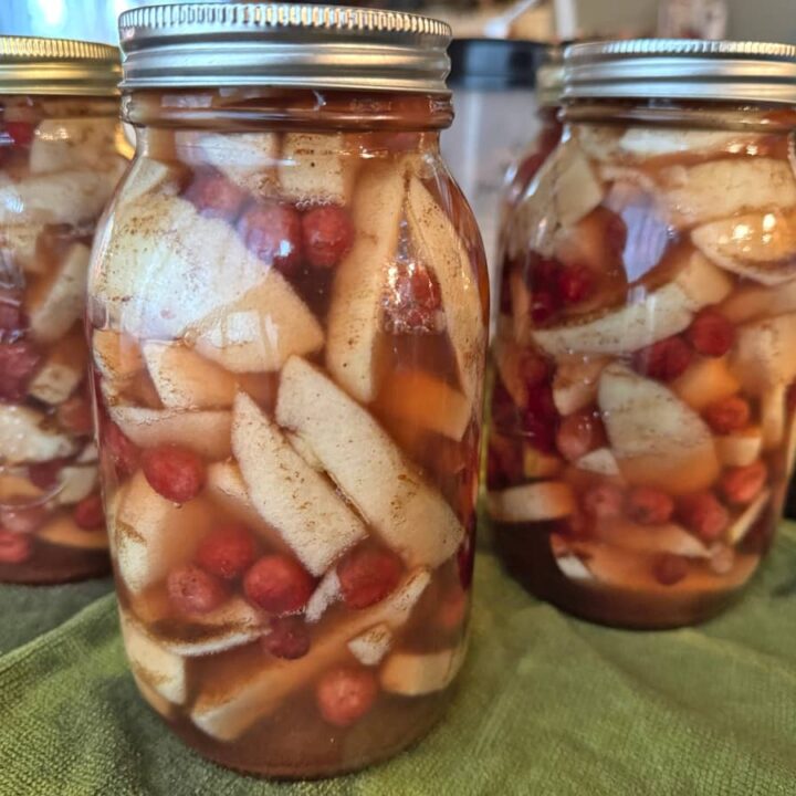 Jars of Apple Cranberry Pie Filling sitting on a green towel