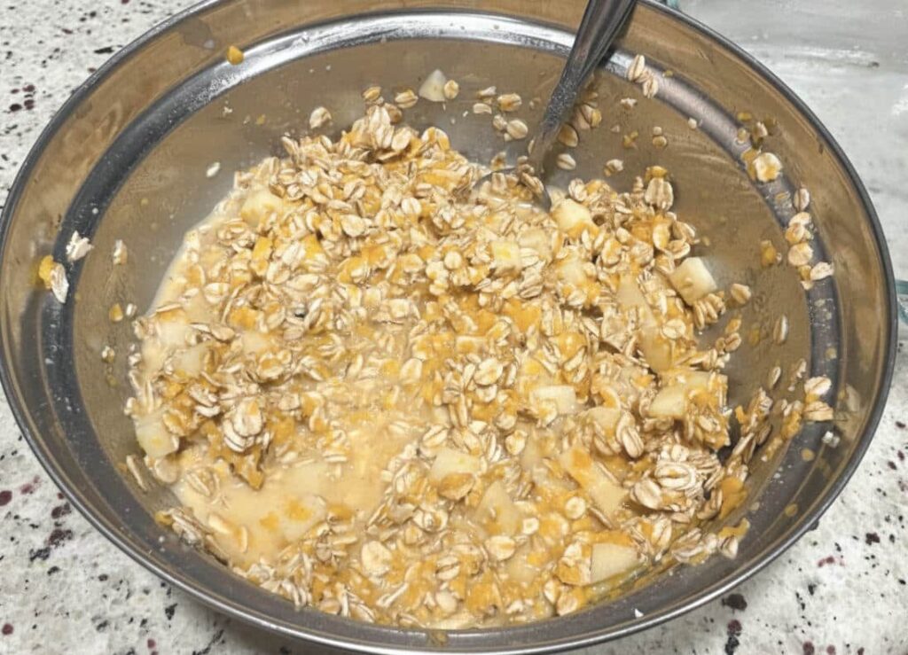 stainless steel bowl with baked oatmeal mix