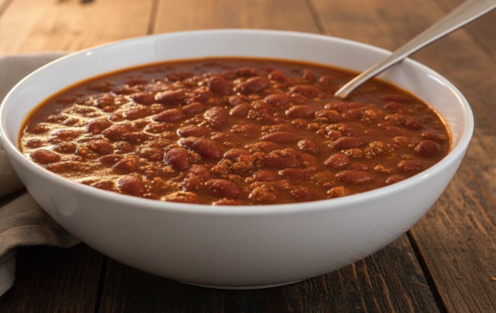 chili in a white bowl with a spoon on a wooden table