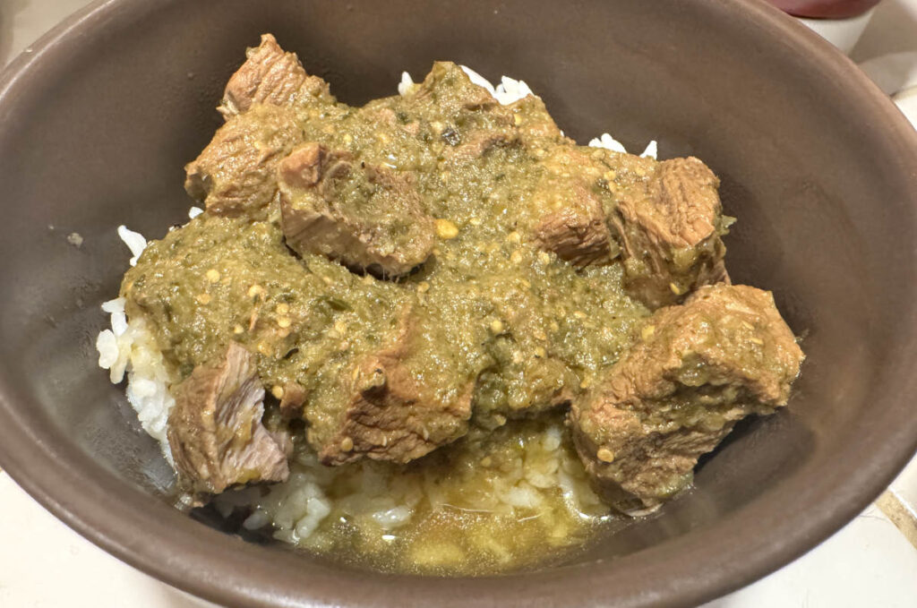 bowl of pressure canned pork chile verde