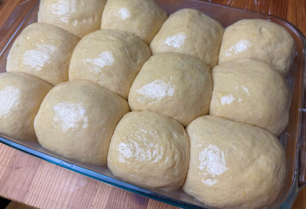 proofed butternut squash dinner rolls brushed with butter in a 9x13 baking dish before baking