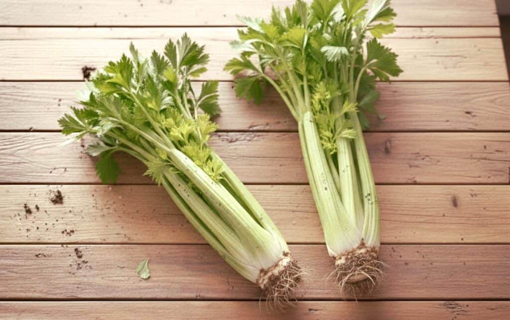 2 harvested celery plants sitting on a wooden plank table