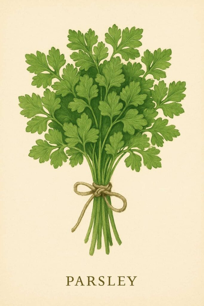 botanical illustration of a bunch of parsley tied together with a string