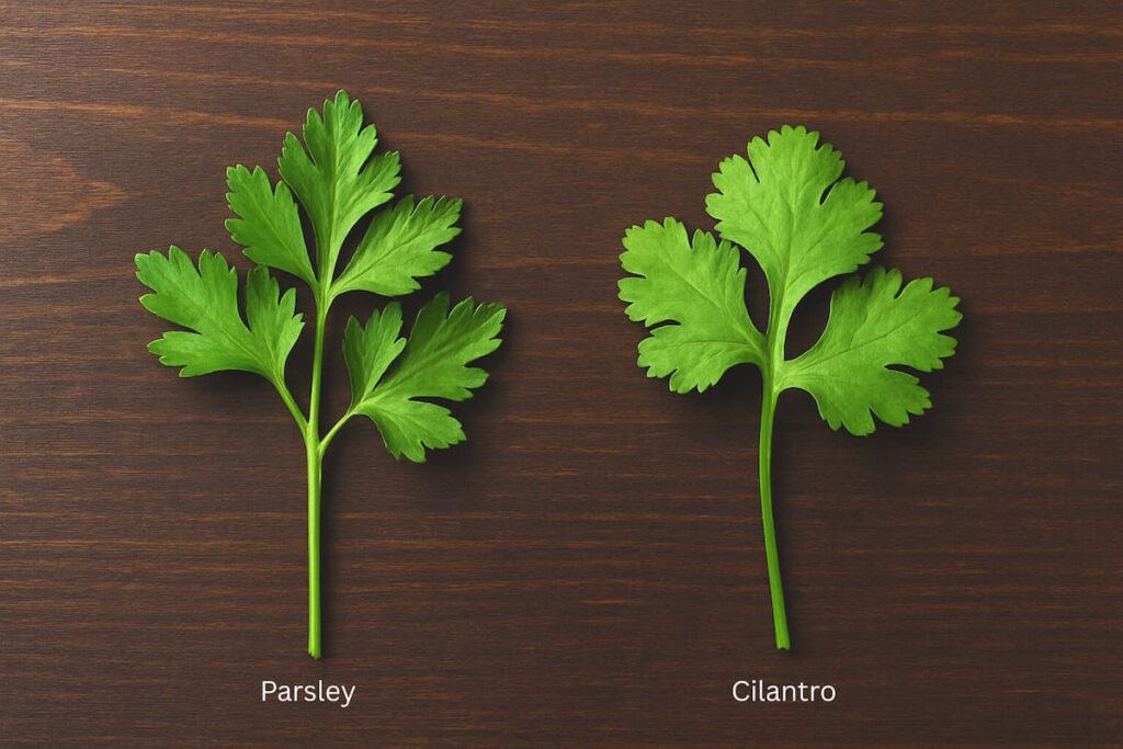 Parsley leaf and cilantro leaf side by side on a dark wood background