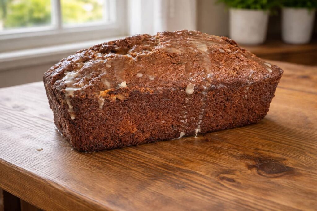 Orange Zucchini Bread with Orange Icing on a.wooden table in front of a window