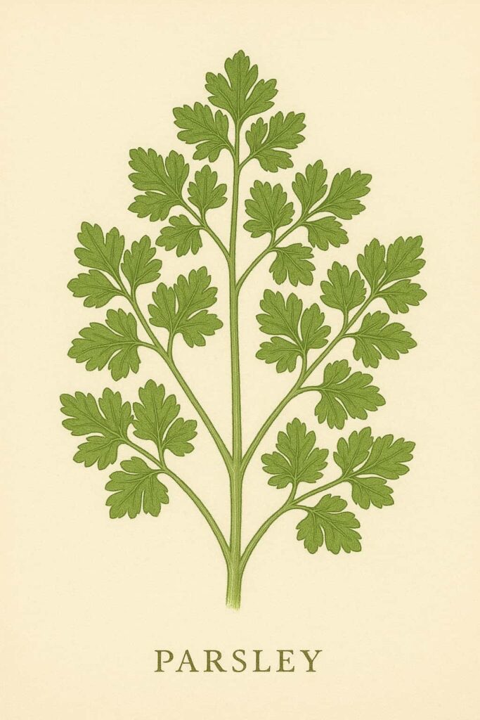 botanical illustration of a sprig of parsley