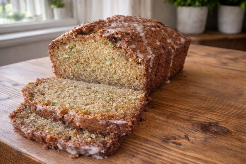 Sliced Orange Zucchini Bread on a wooden table