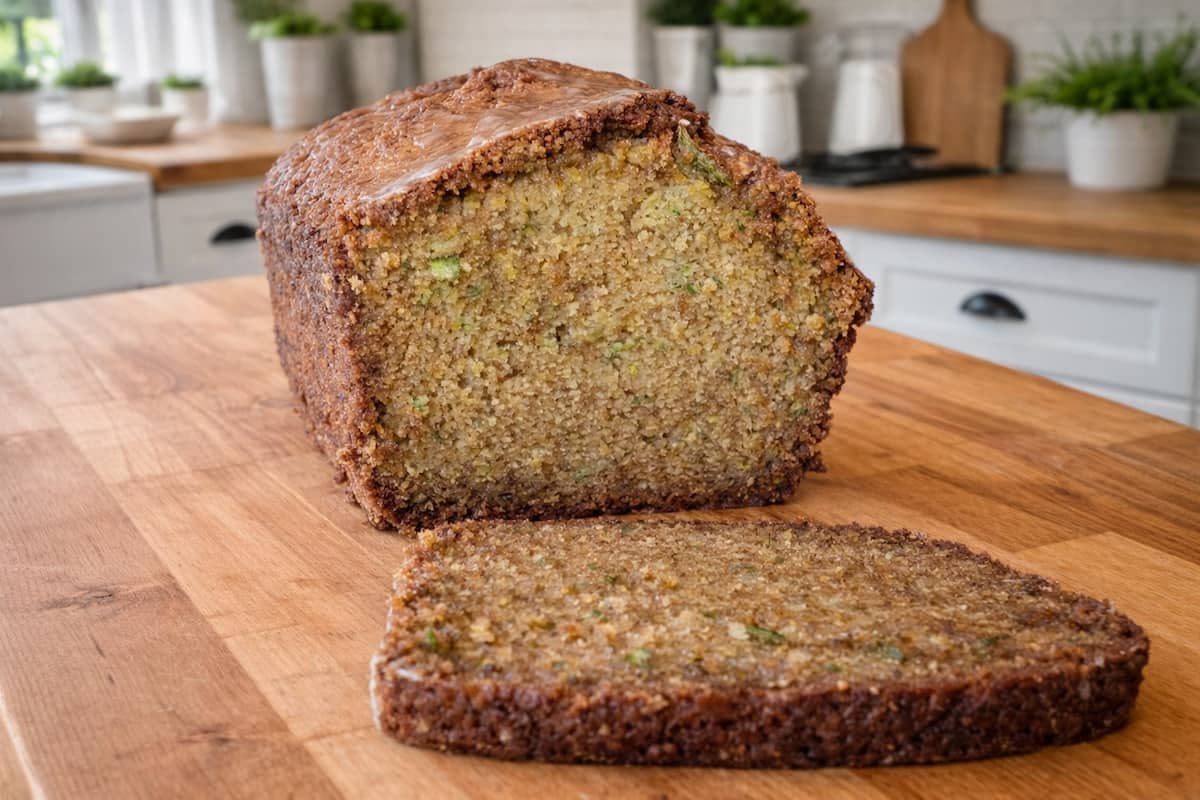 sliced orange zucchini bread on a wooden table
