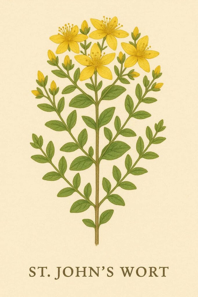 botanical illustration of St. John's wort in bloom