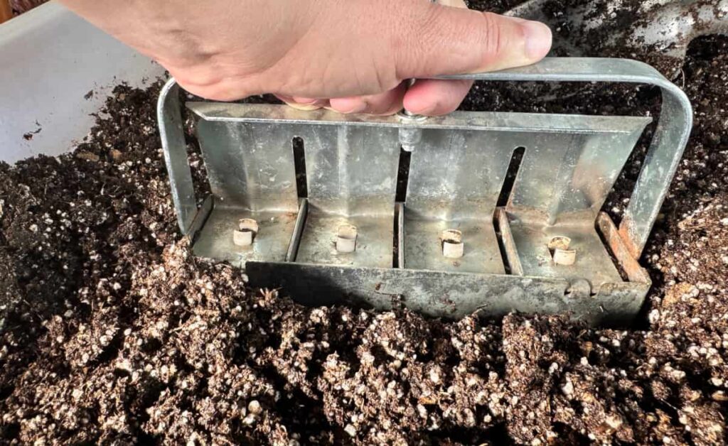 hand pressing a soil blocker into seed starting soil in a white tub