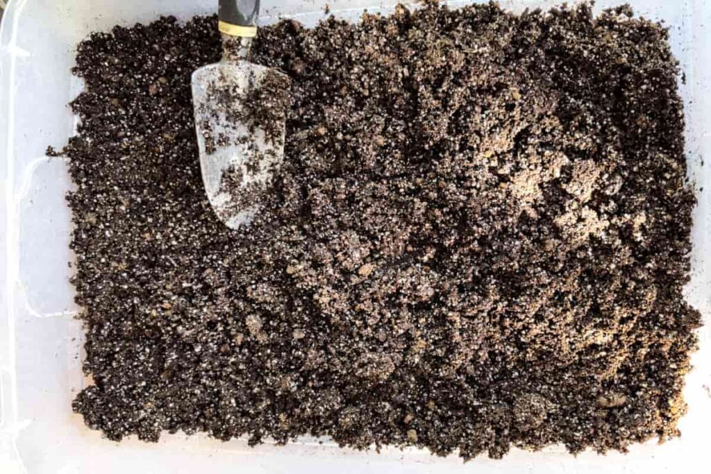 moistened seed starting soil in a white tub with a metal garden trowel sitting on the soil