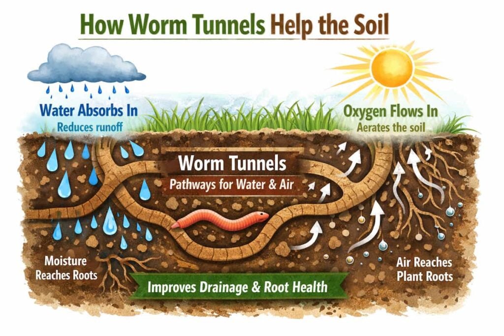 Diagram showing earthworm tunnels in soil explaining how tunnels allow water and air to penetrate soil and reach plant roots
