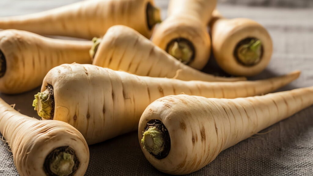 8 washed parsnips sitting on a table