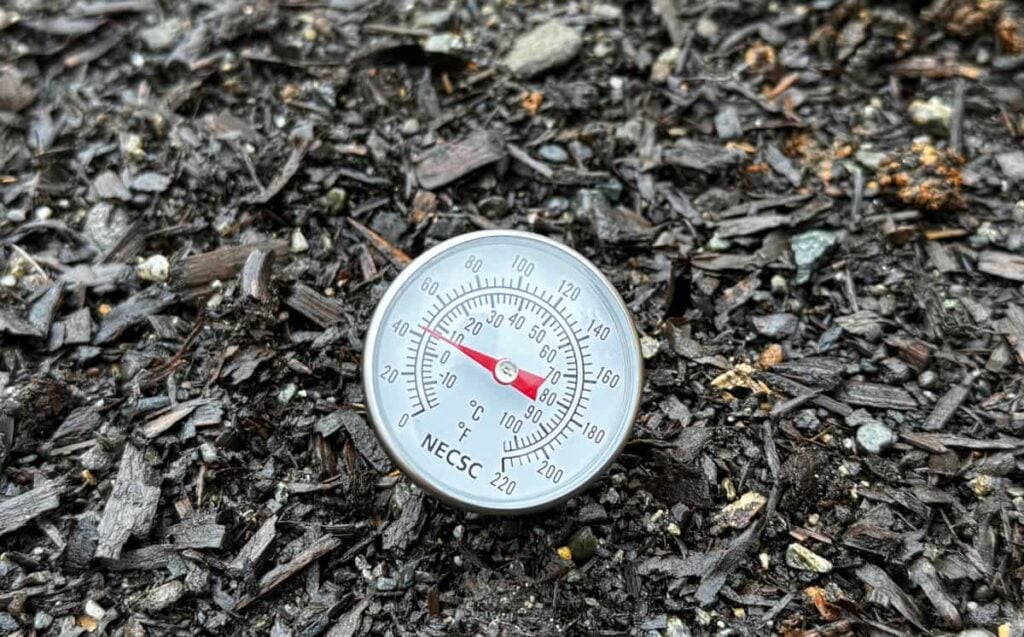 dial thermometer in soil showing 42ºF