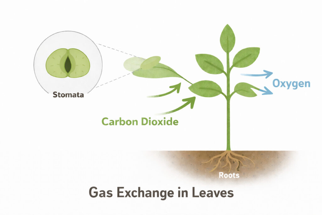 Diagram of a plant in soil. The bottom says Gas Exchange in Leaves. There's a close up bubble of a stomata. Green arrows with the word Carbon Dioxide are pointing towards the plant. Blue arrows with the word oxygen are pointing away from the plant.
