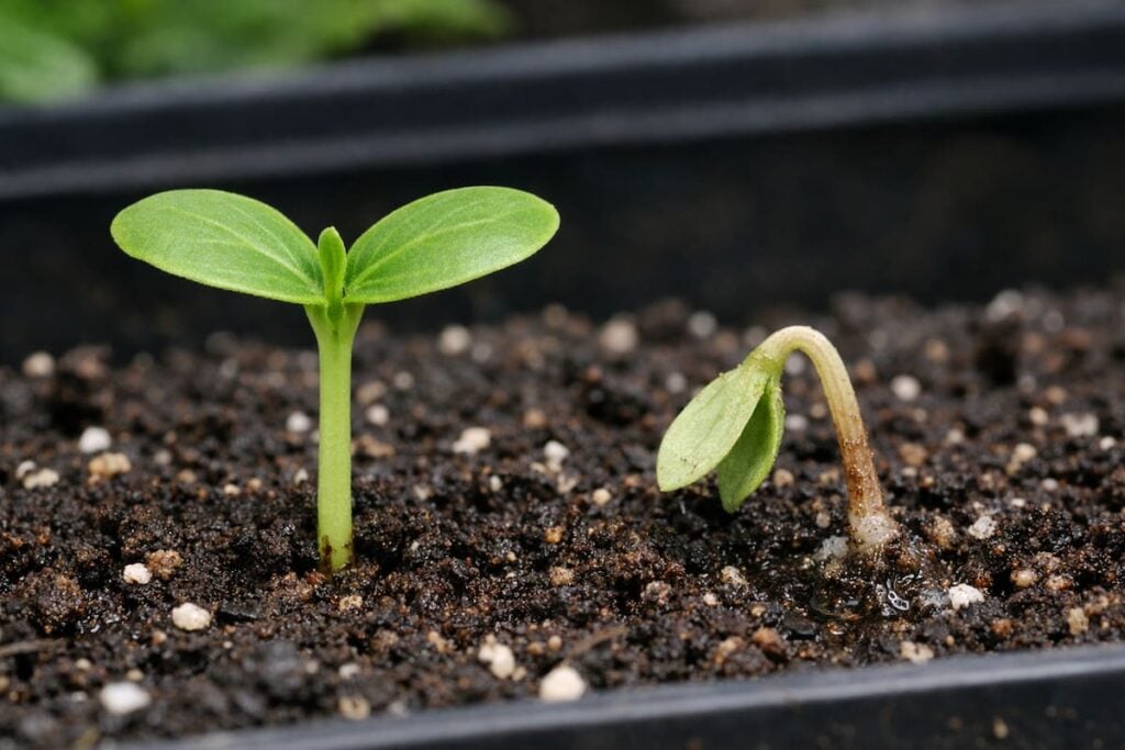 Two seedlings in potting soil in a black pot. The one of the left is healthy and developing it's first true leaf. The one of the right is bent over, the stem is brown, and it has dampening off.
