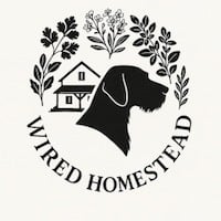 wired homestead logo with a silhouette of a german wirehaired pointer and house in the in the middle surrounded by a half circle of leaves around the top and wired homestead completing the bottom half of the circle.