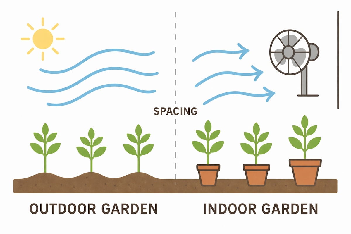 A diagram of airflow with the sun in the upper left, a fan on the right, and 3 blue squiggly lines going from the sun to the fan. On the left of the image at the bottom it says Outdoor garden and has 3 plants spaced to where they aren't touching each other in soil. The bottom right says Indoor Garden and has 3 potted plants spaced to where they are not touching each other.