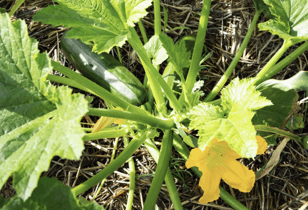 close up of a zucchini plant with 1 zucchini, 2 blossoms, and 1 immature female blossom.